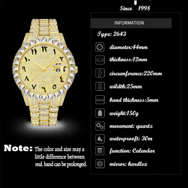 Luxury 18K Gold Diamond Watch for Men – Iced Out Quartz with Arabic Numerals