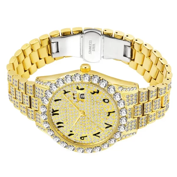 Luxury 18K Gold Diamond Watch for Men – Iced Out Quartz with Arabic Numerals